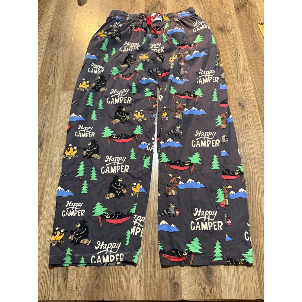 Lazy One Pants Mens Size L Gray Pajama Pants Lounge Bear Moose Happy Camper